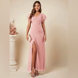 SHEIN Belle Elegant Dusty Pink Wrap-Around High Slit Long Bridesmaid Dress